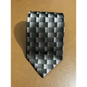 J. Ferrar 100% Silk Tie Gray‎ Black Geometric Block Pattern 58" Handmade Necktie
